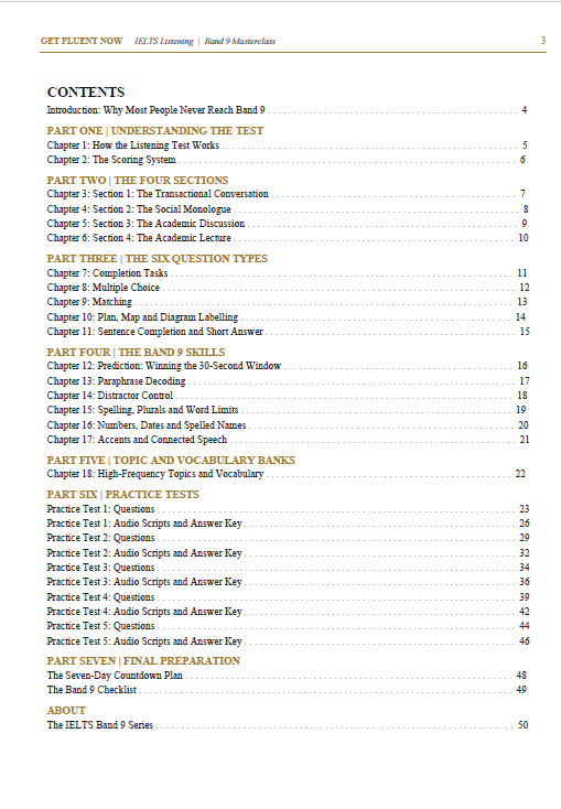IELTS Listening Band 9 Masterclass table of contents